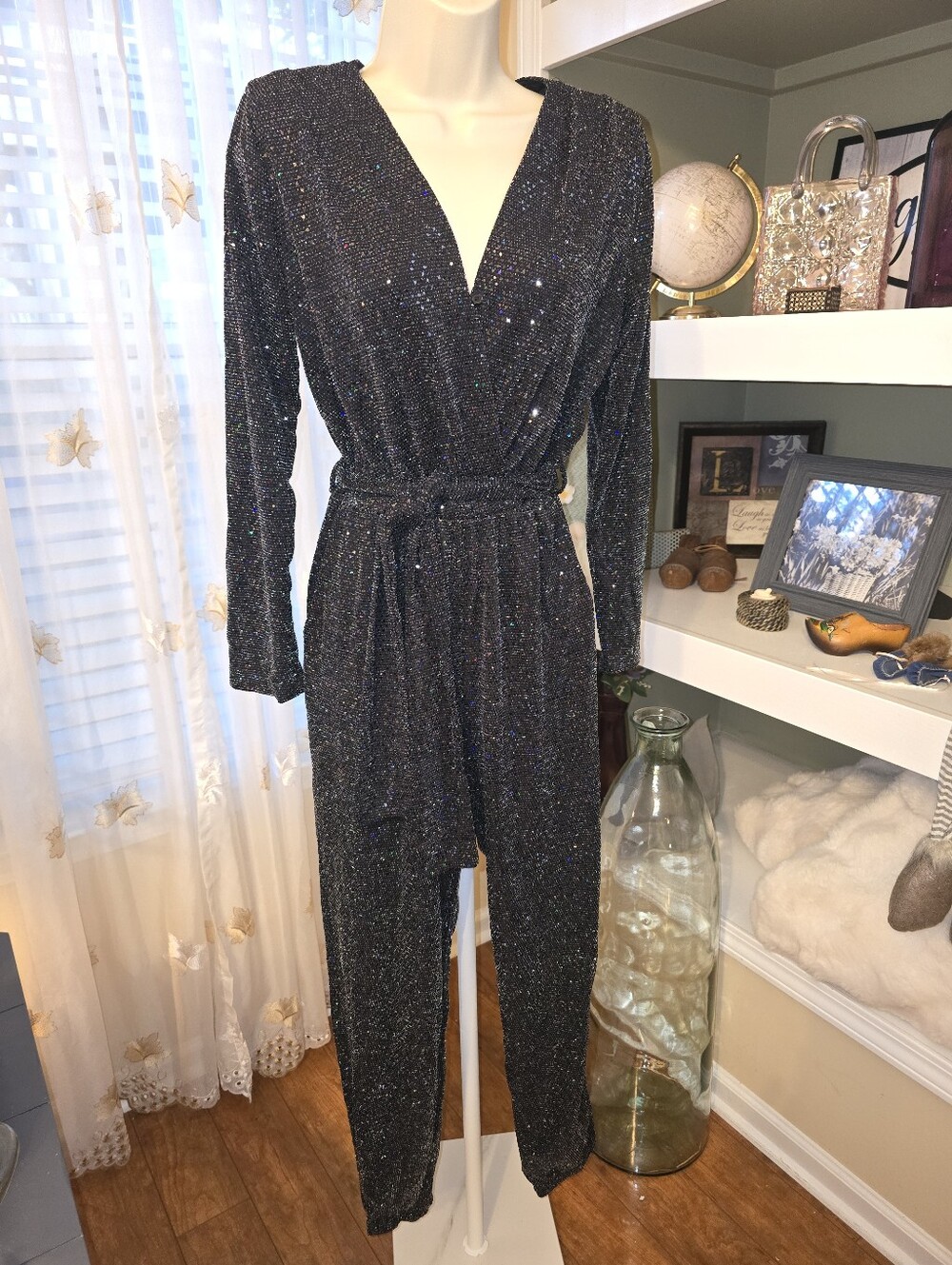 Fraiche by J Black Sequin Cocktail Jumpsuit Belted Long Sleeve
